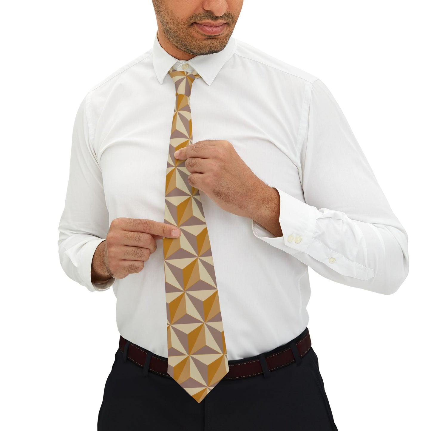 Geometric Gold Tie — Retro Tile Pattern Necktie for Men autumn accessorybrown patternedAccessoriesWrong Lever Clothing
