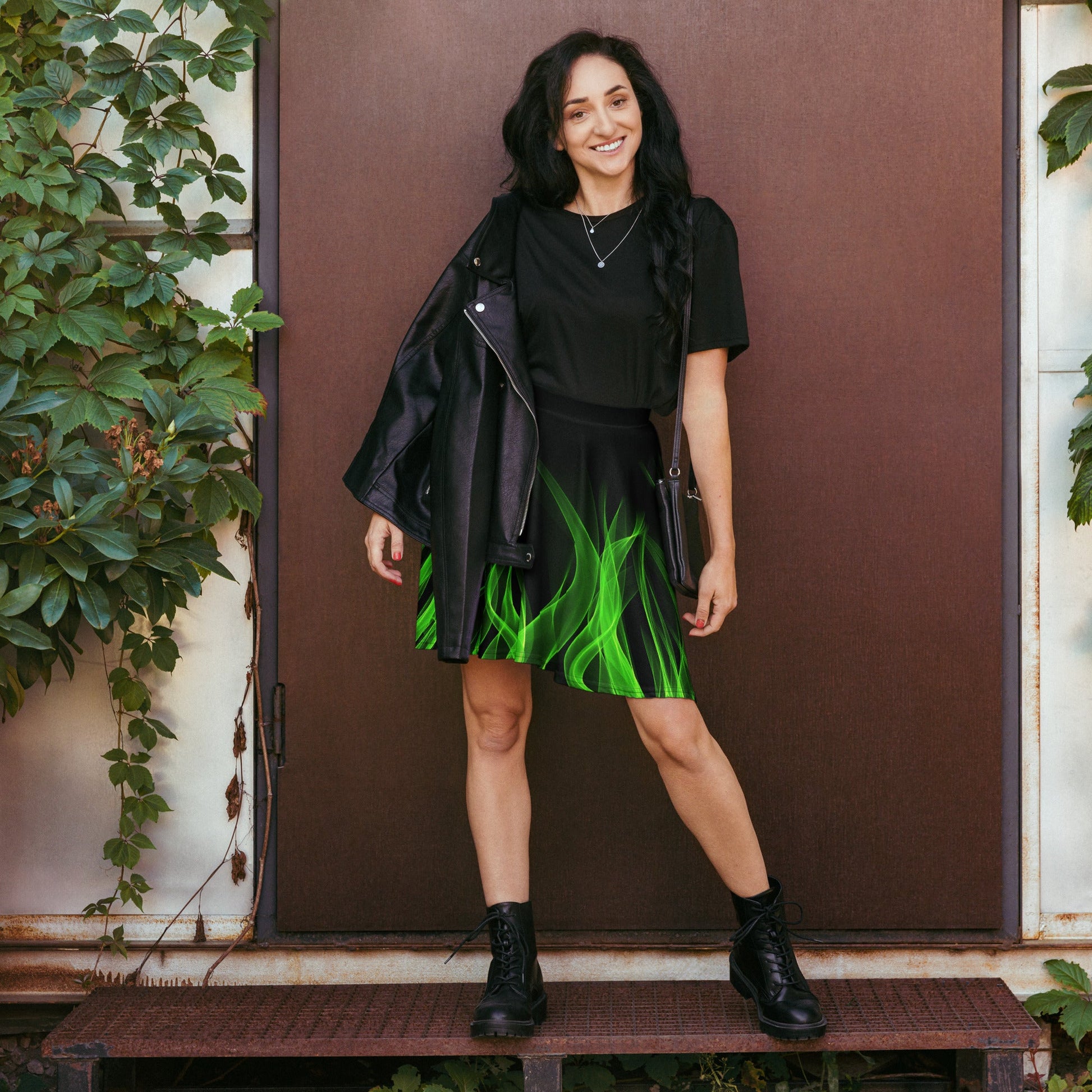 Green Flame Skater Skirt boundingcosplayWrong Lever Clothing