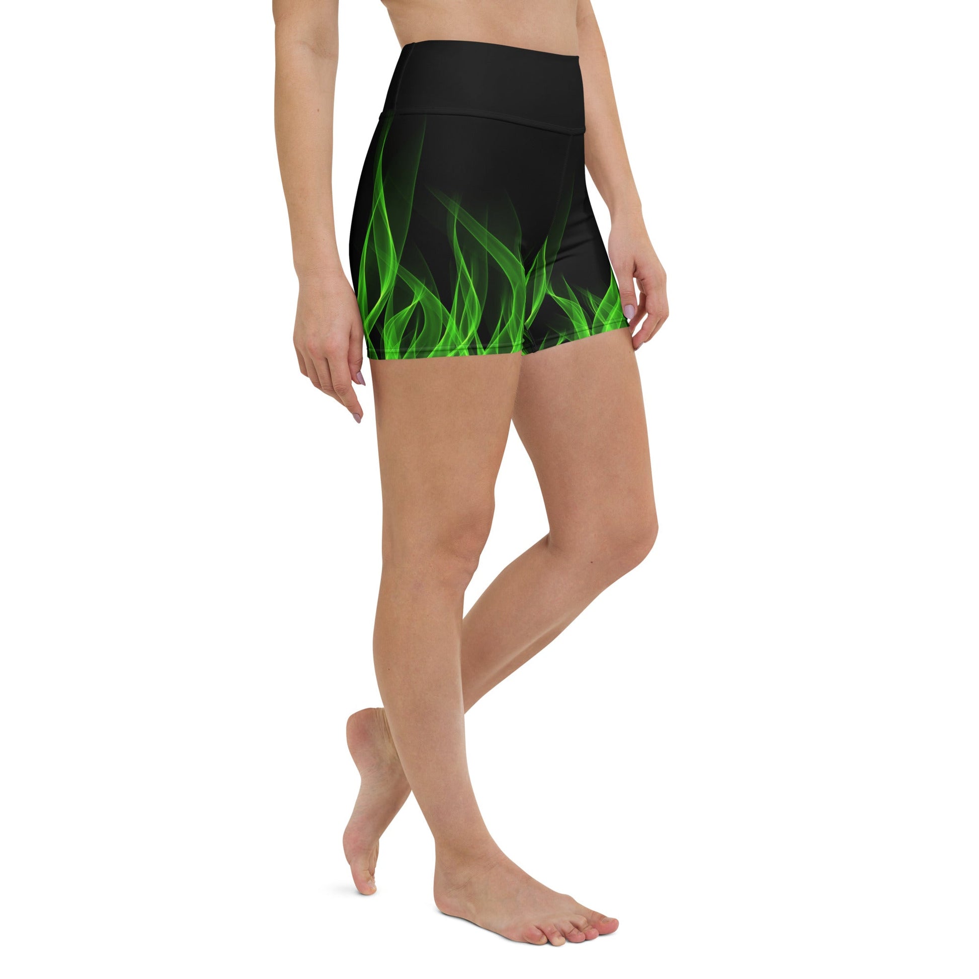 Green Flame Yoga Shorts boundingcosplayWrong Lever Clothing