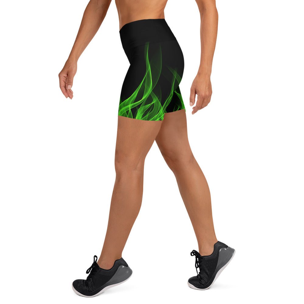 Green Flame Yoga Shorts boundingcosplayWrong Lever Clothing