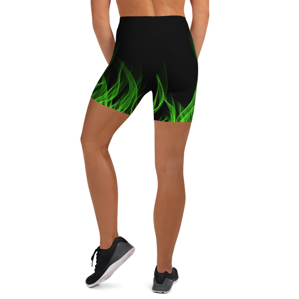 Green Flame Yoga Shorts boundingcosplayWrong Lever Clothing