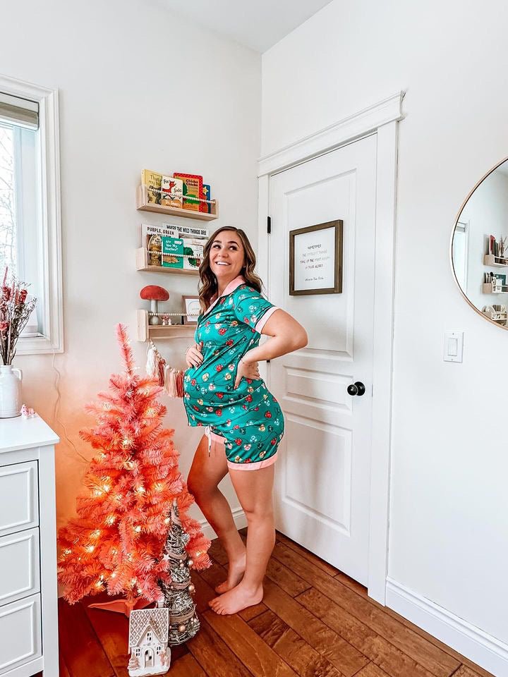 Green Inspired Ornament Women's Imitation Silk Short Sleeve Pajama Set adult christmasadult holidayWrong Lever Clothing