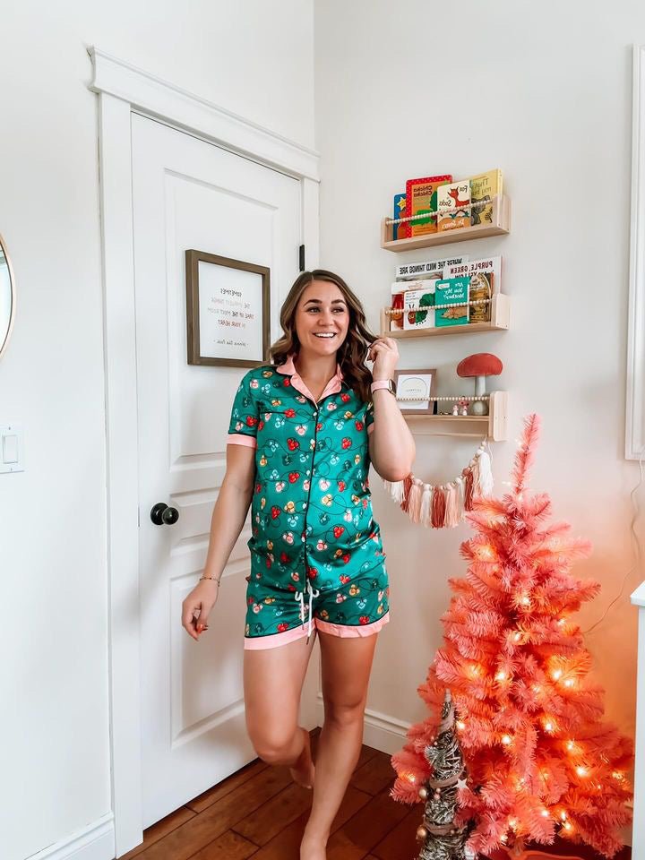 Green Inspired Ornament Women's Imitation Silk Short Sleeve Pajama Set adult christmasadult holidayWrong Lever Clothing