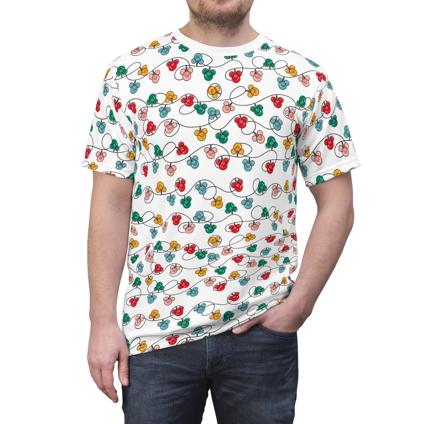 Inspired Christmas Lights Festive Unisex Tee with Colorful Light Design, Holiday Shirt, Party Attire, Gift for Friends, Christmas Apparel, Celebration Fashion All Over PrintsWrong Lever Clothing