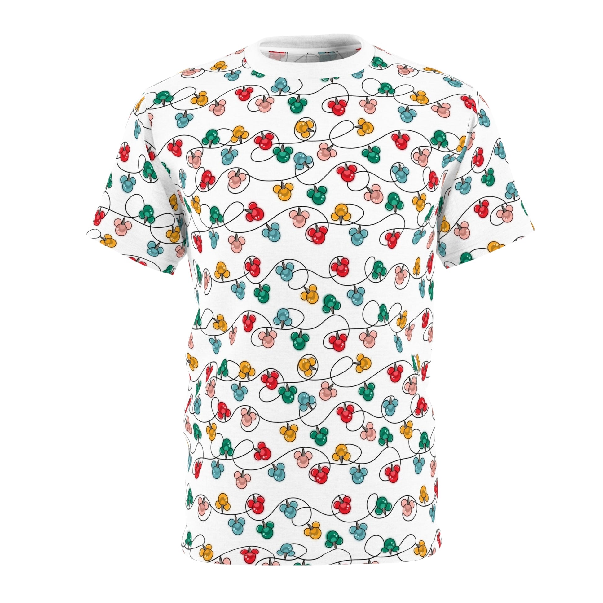 Inspired Christmas Lights Festive Unisex Tee with Colorful Light Design, Holiday Shirt, Party Attire, Gift for Friends, Christmas Apparel, Celebration Fashion All Over PrintsWrong Lever Clothing