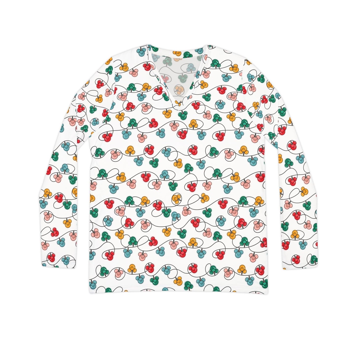 Inspired Christmas Lights Women's Long Sleeve V - neck Shirt, Holiday Top, Christmas Apparel, Cozy Casual Wear, Gift for Her All Over PrintsWrong Lever Clothing