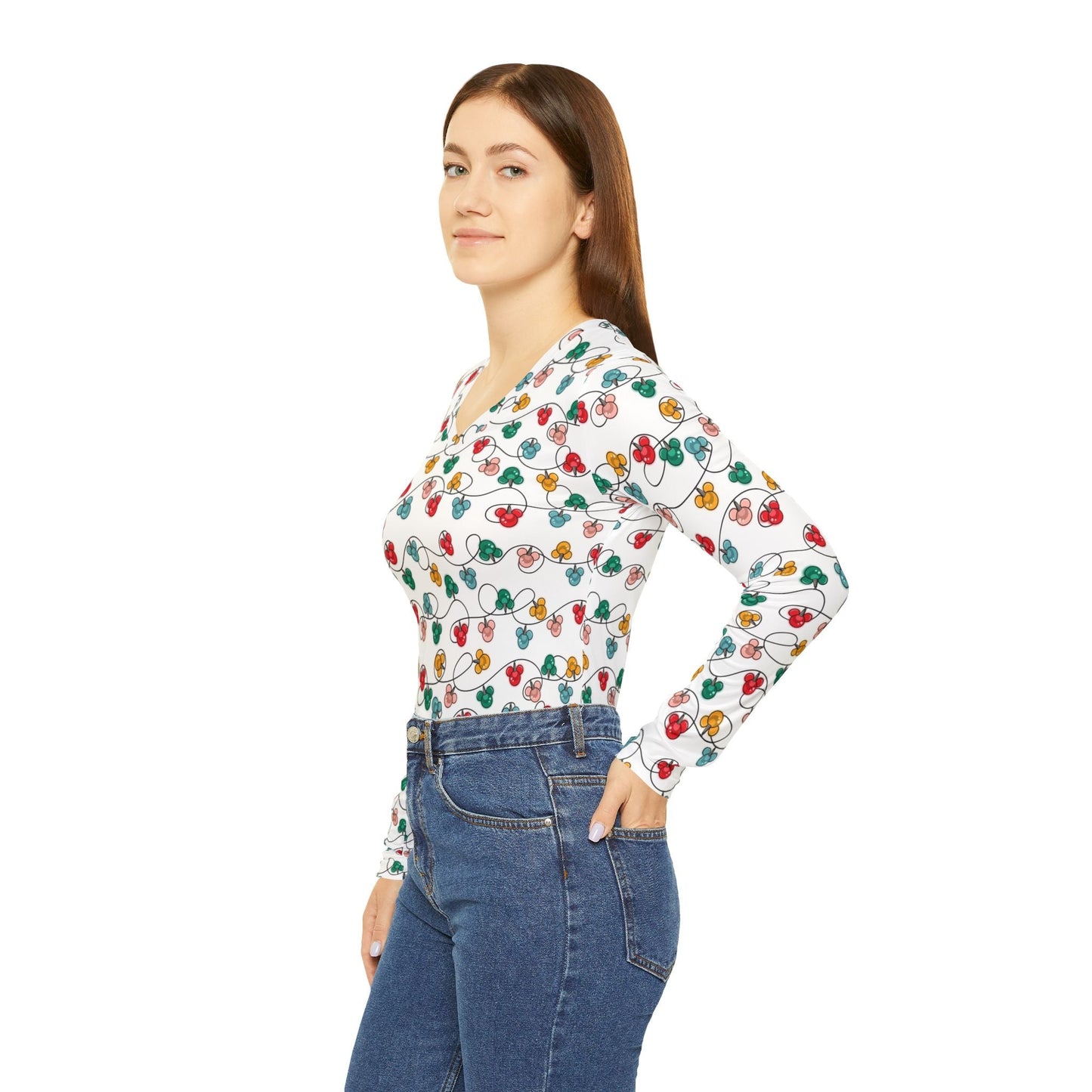 Inspired Christmas Lights Women's Long Sleeve V - neck Shirt, Holiday Top, Christmas Apparel, Cozy Casual Wear, Gift for Her All Over PrintsWrong Lever Clothing
