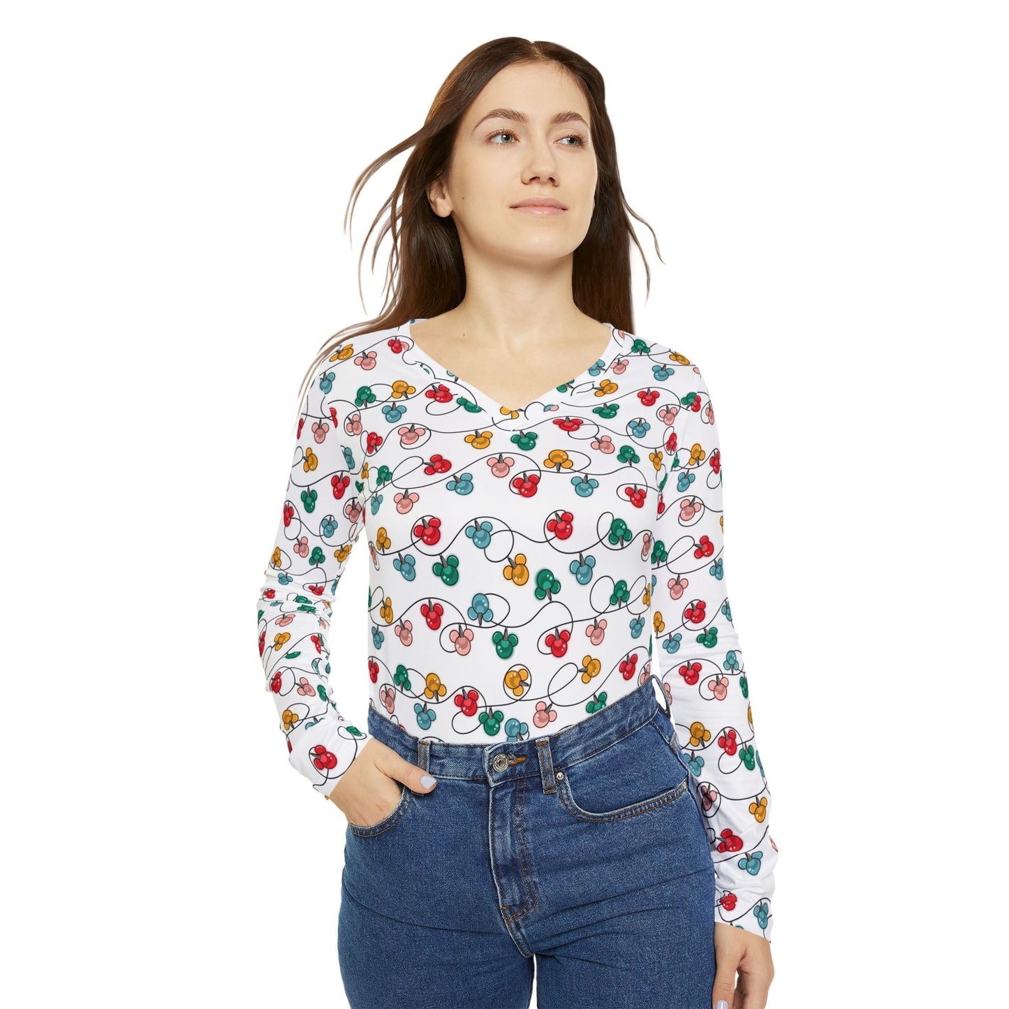 Inspired Christmas Lights Women's Long Sleeve V - neck Shirt, Holiday Top, Christmas Apparel, Cozy Casual Wear, Gift for Her All Over PrintsWrong Lever Clothing