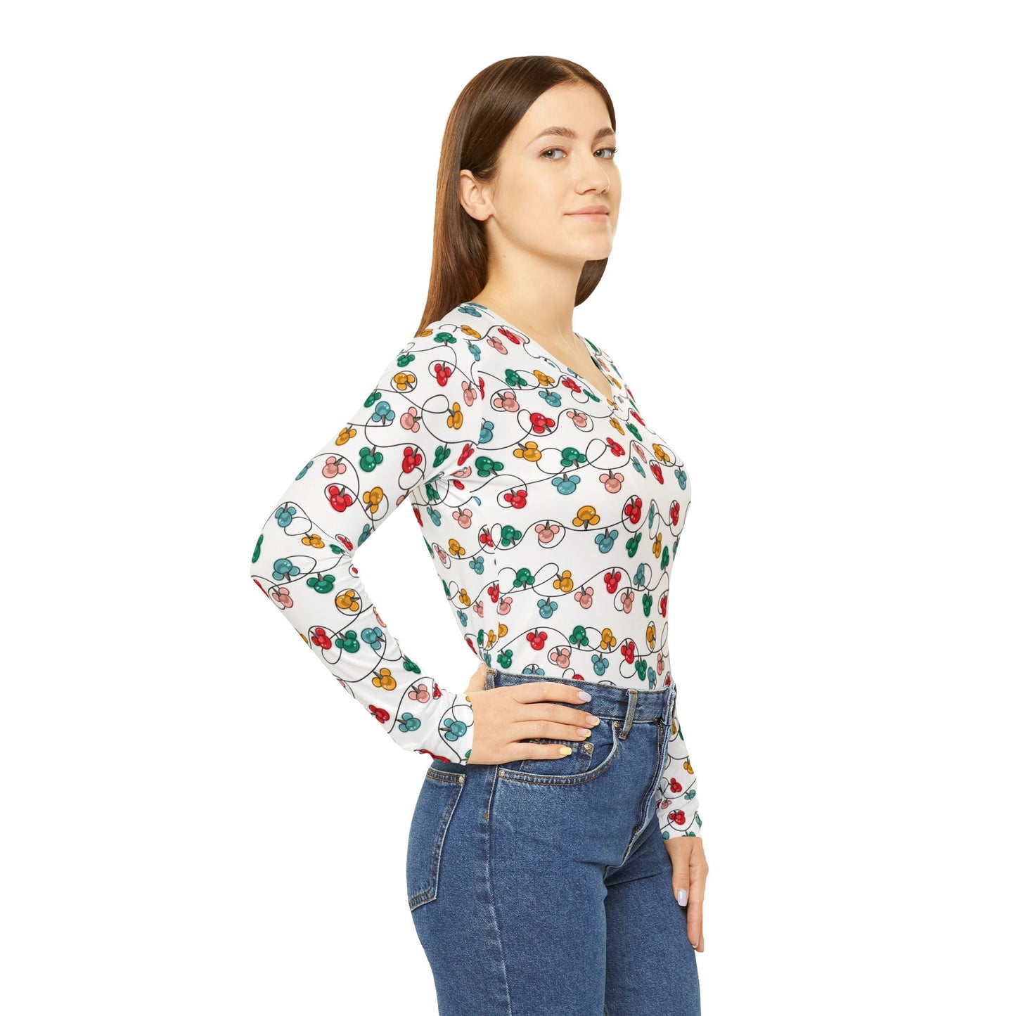 Inspired Christmas Lights Women's Long Sleeve V - neck Shirt, Holiday Top, Christmas Apparel, Cozy Casual Wear, Gift for Her All Over PrintsWrong Lever Clothing