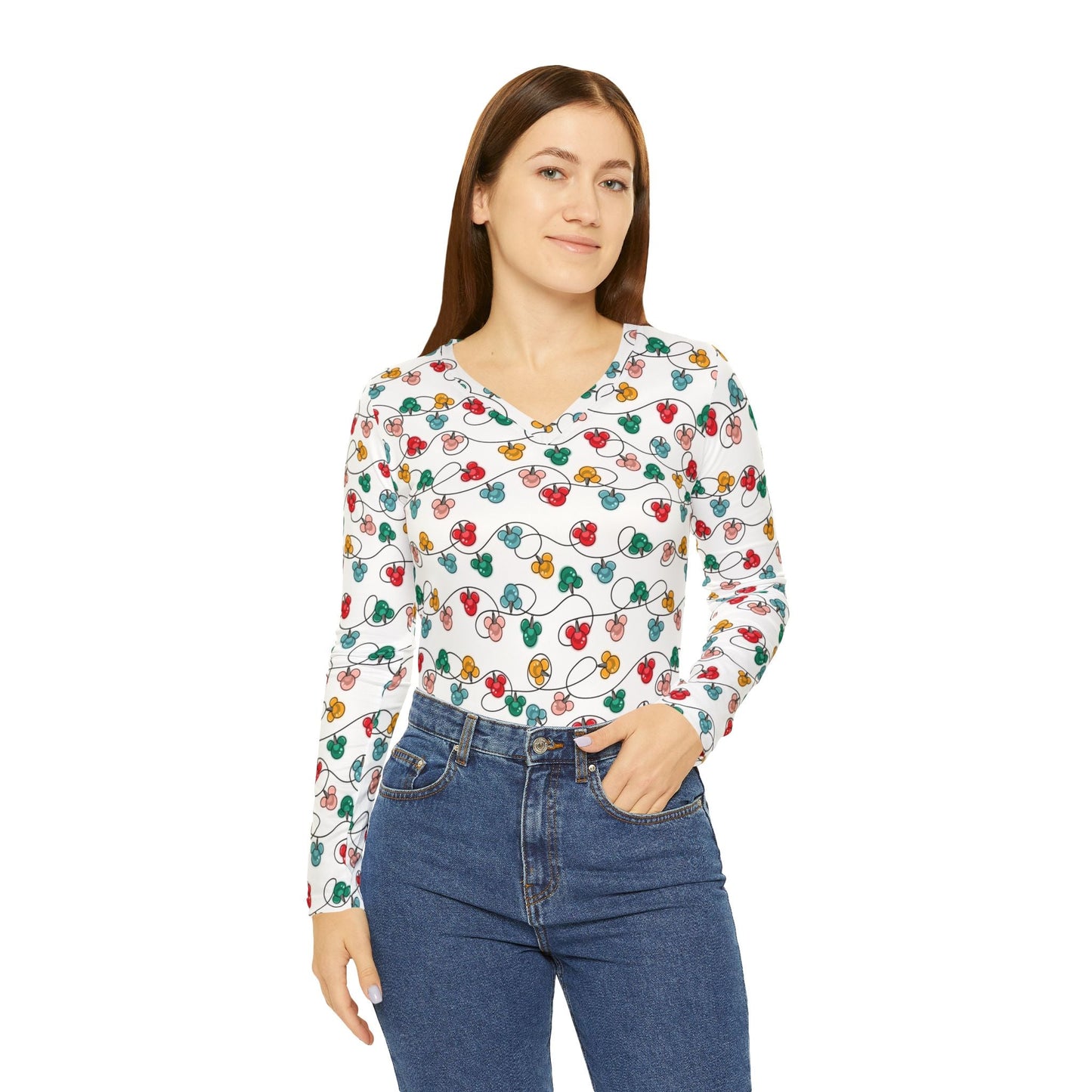Inspired Christmas Lights Women's Long Sleeve V - neck Shirt, Holiday Top, Christmas Apparel, Cozy Casual Wear, Gift for Her All Over PrintsWrong Lever Clothing