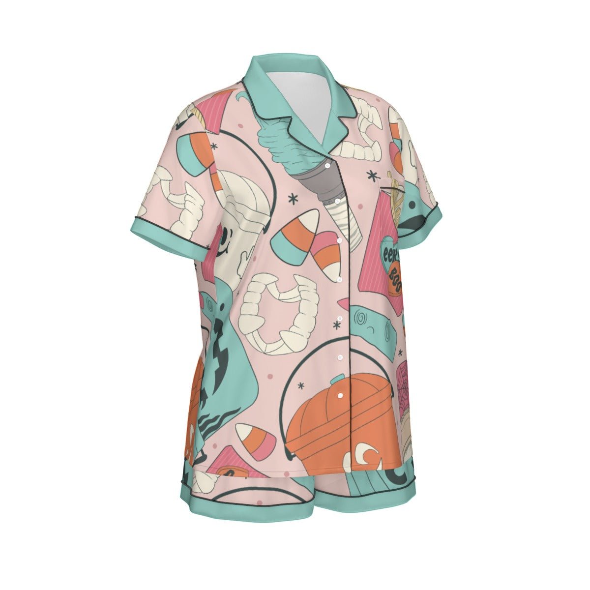 Retro Halloween Bucket Pajama Set | Pink & Teal Artificial Silk Short Sleeve PJs | Vintage Spooky Se halloween costumehalloween outfitWrong Lever Clothing