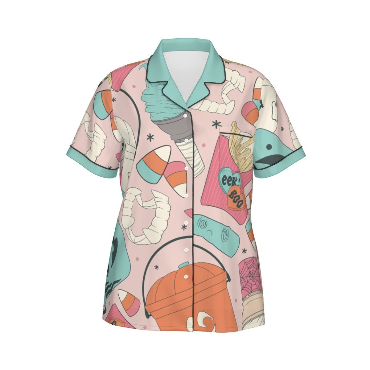 Retro Halloween Bucket Pajama Set | Pink & Teal Artificial Silk Short Sleeve PJs | Vintage Spooky Se halloween costumehalloween outfitWrong Lever Clothing