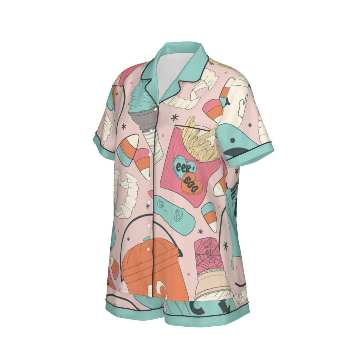 Retro Halloween Bucket Pajama Set | Pink & Teal Artificial Silk Short Sleeve PJs | Vintage Spooky Se halloween costumehalloween outfitWrong Lever Clothing