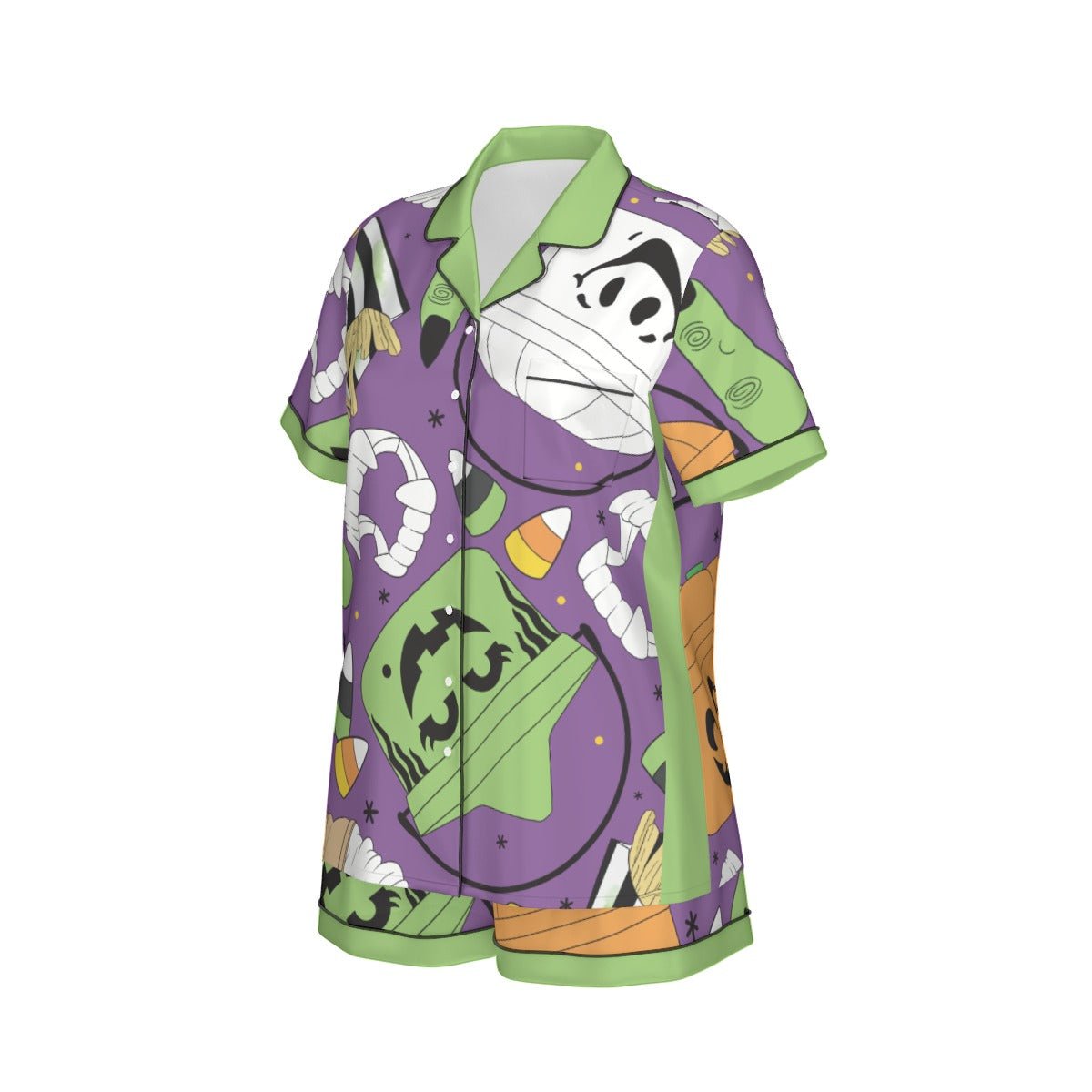Retro Halloween Bucket Pajama Set | Purple Artificial Silk Short Sleeve PJs | Spooky Season disney halloween costumehalloweenWrong Lever Clothing