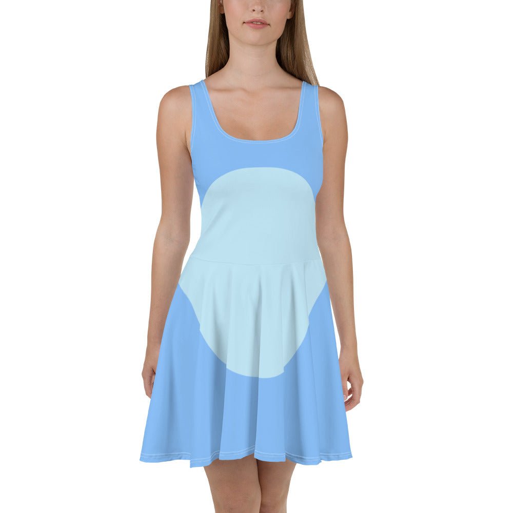 our model wears a blue heeler inspired dad skater dress from the beloved blue dog children's show.