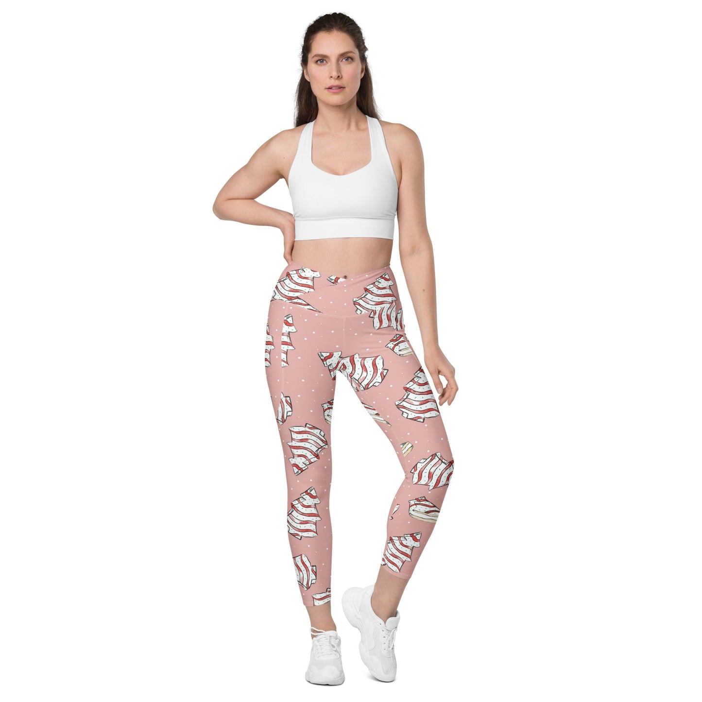 Pink Christmas Cakes Crossover leggings with pockets activewearchristmas CakesLittle Lady Shay Boutique