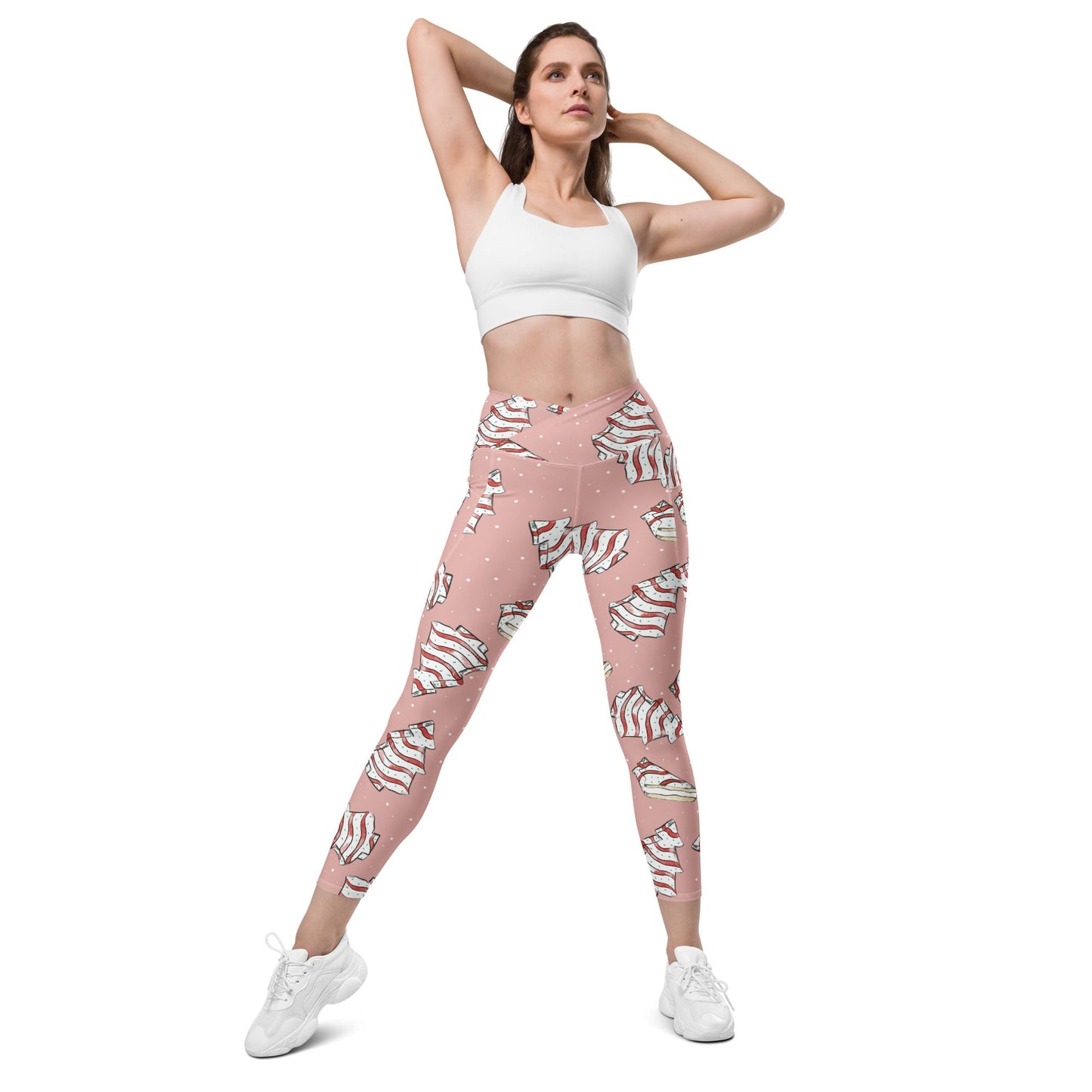 Pink Christmas Cakes Crossover leggings with pockets activewearchristmas CakesLittle Lady Shay Boutique