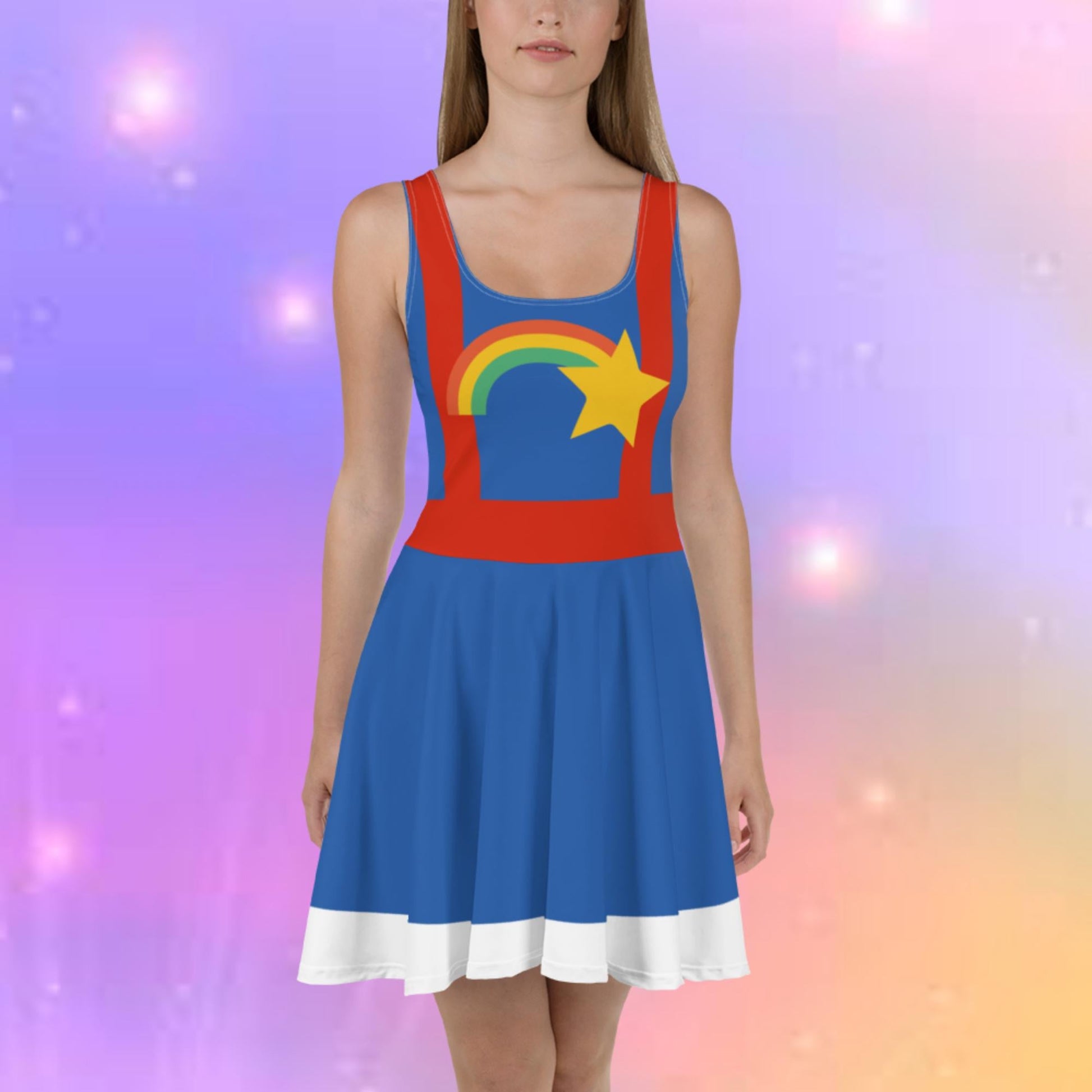 Our model wears a rainbow bright inspired dress, a perfect vintage style for the 80s kids out there.