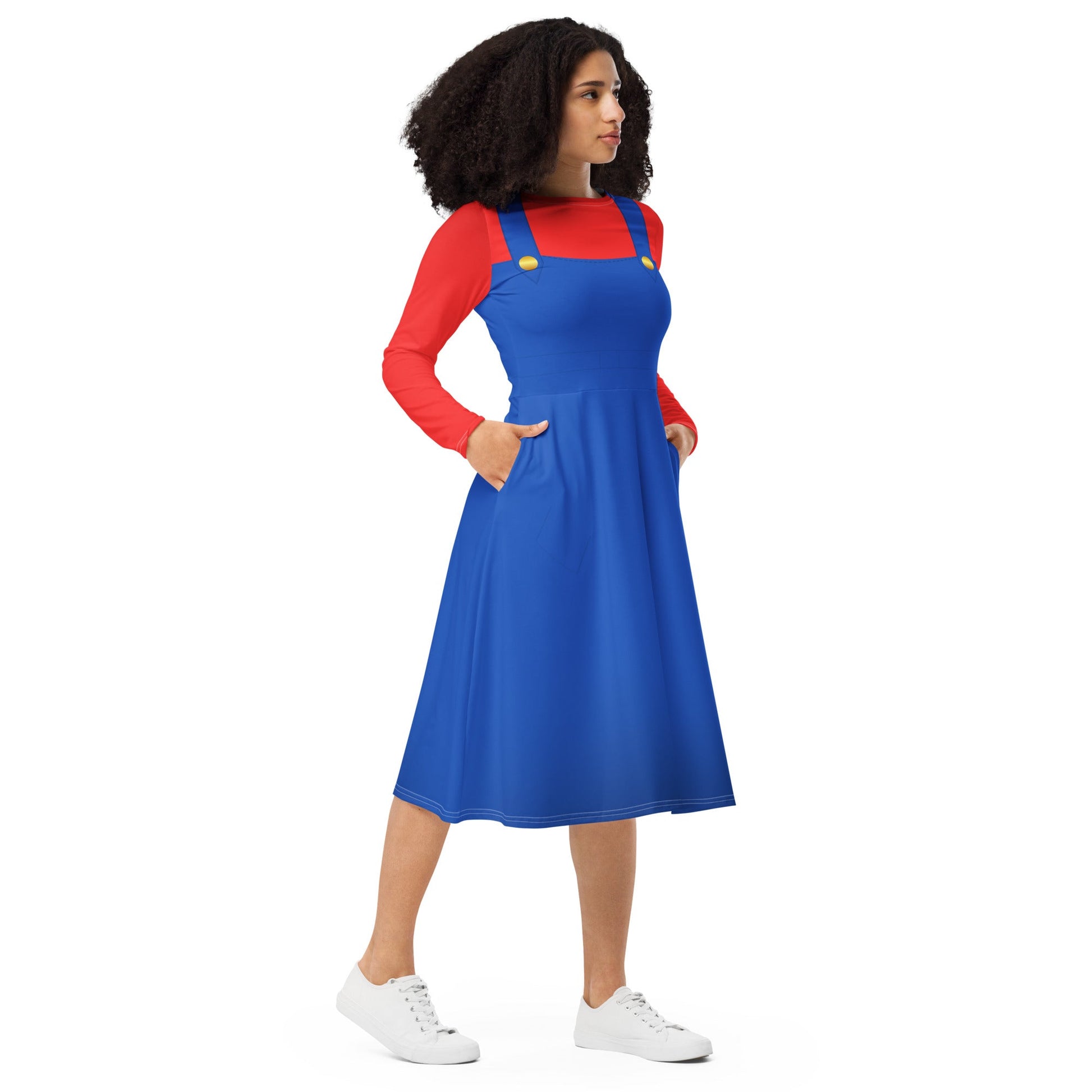 Red Video Game Man long sleeve midi dress 80s nostalgia90s costumecosplay#tag4##tag5##tag6#