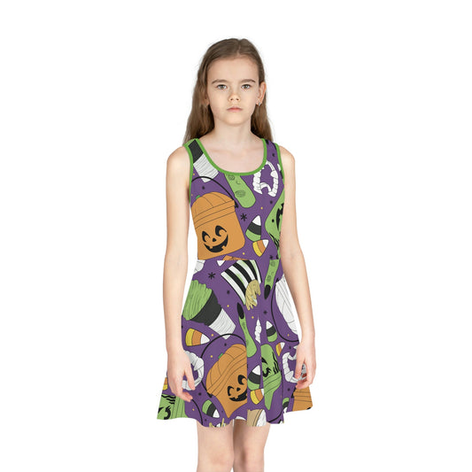 Retro Halloween Bucket Girls' Sleeveless Sundress All Over PrintAOPAOP Clothing#tag4##tag5##tag6#