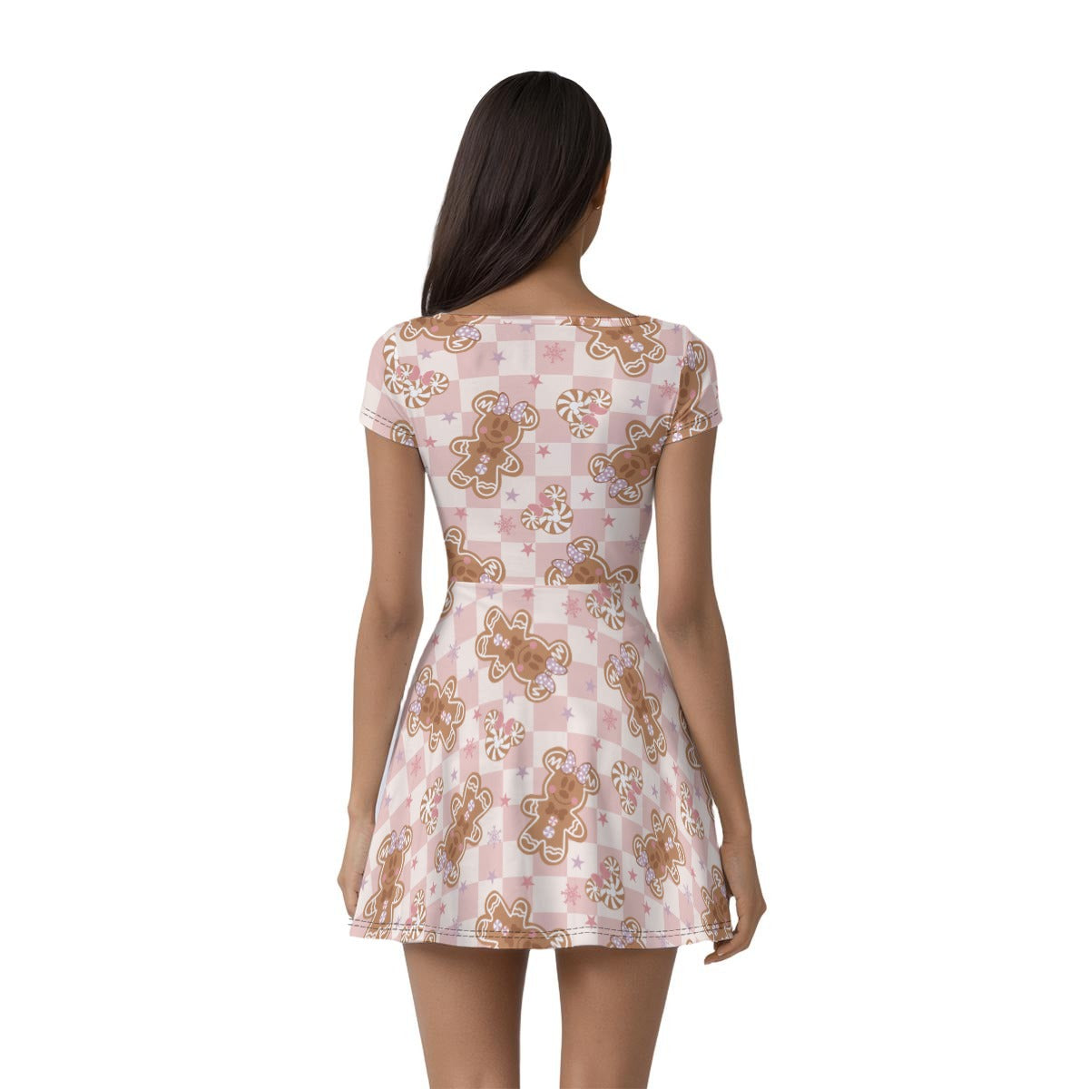 Gingerbread & Gingham Pink Christmas Skater Dress With Built‑In Shorts