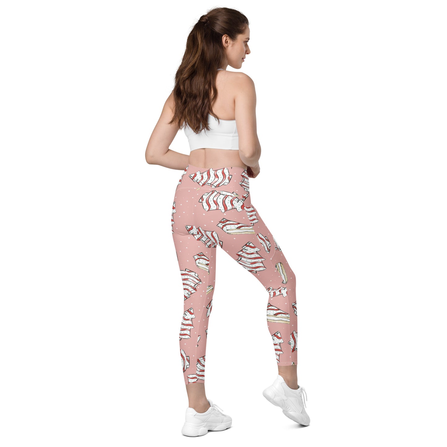 Pink Christmas Cakes Crossover leggings with pockets