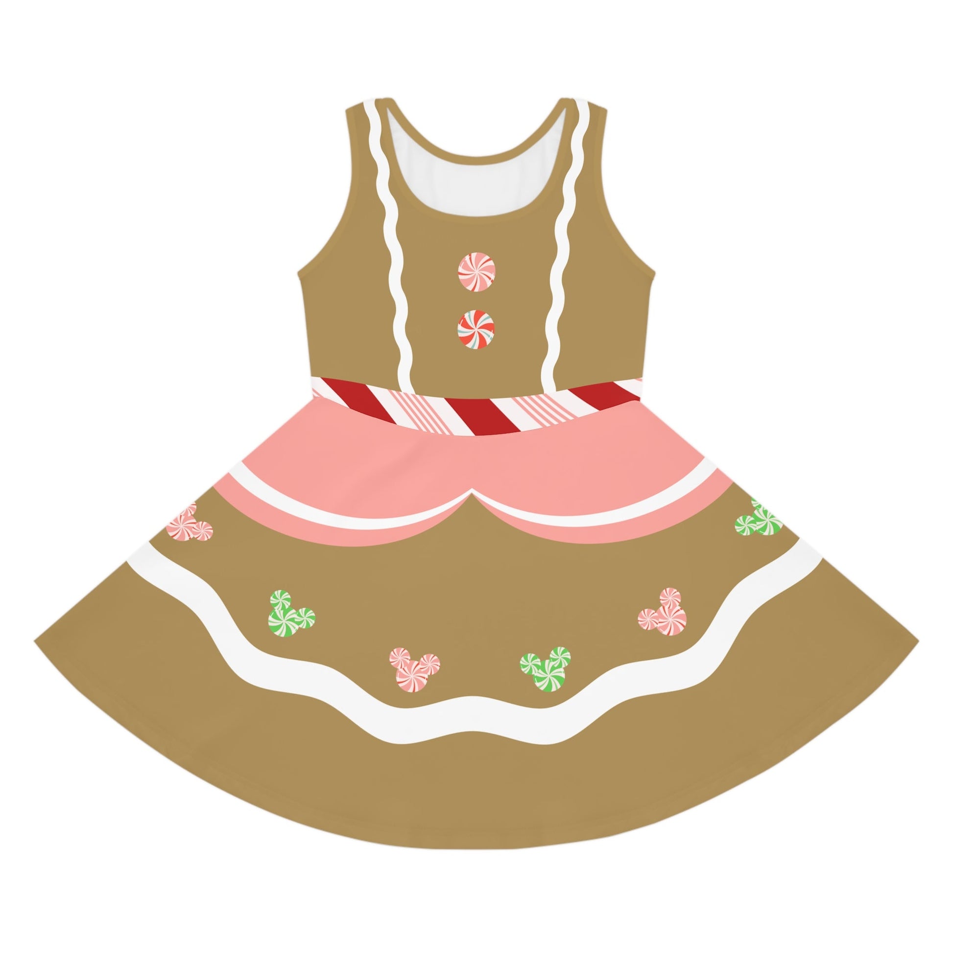 Gingerbread Girl Christmas Party Dress – Festive Holiday Skater Dress for Park Days & Parties candy cane dresschristmas bound outfitAll Over PrintsWrong Lever Clothing