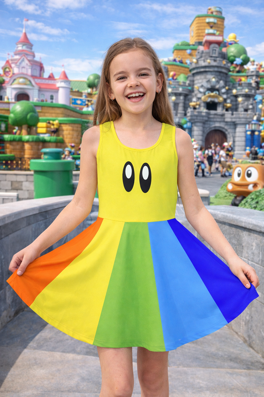 Girls' Video Game Rainbow Star Sleeveless Sundress, Fun Summer Dress, Kids Party Outfit, Playful Dress for Birthdays birthday dress girlsbright colors dresskids dressWrong Lever Clothing