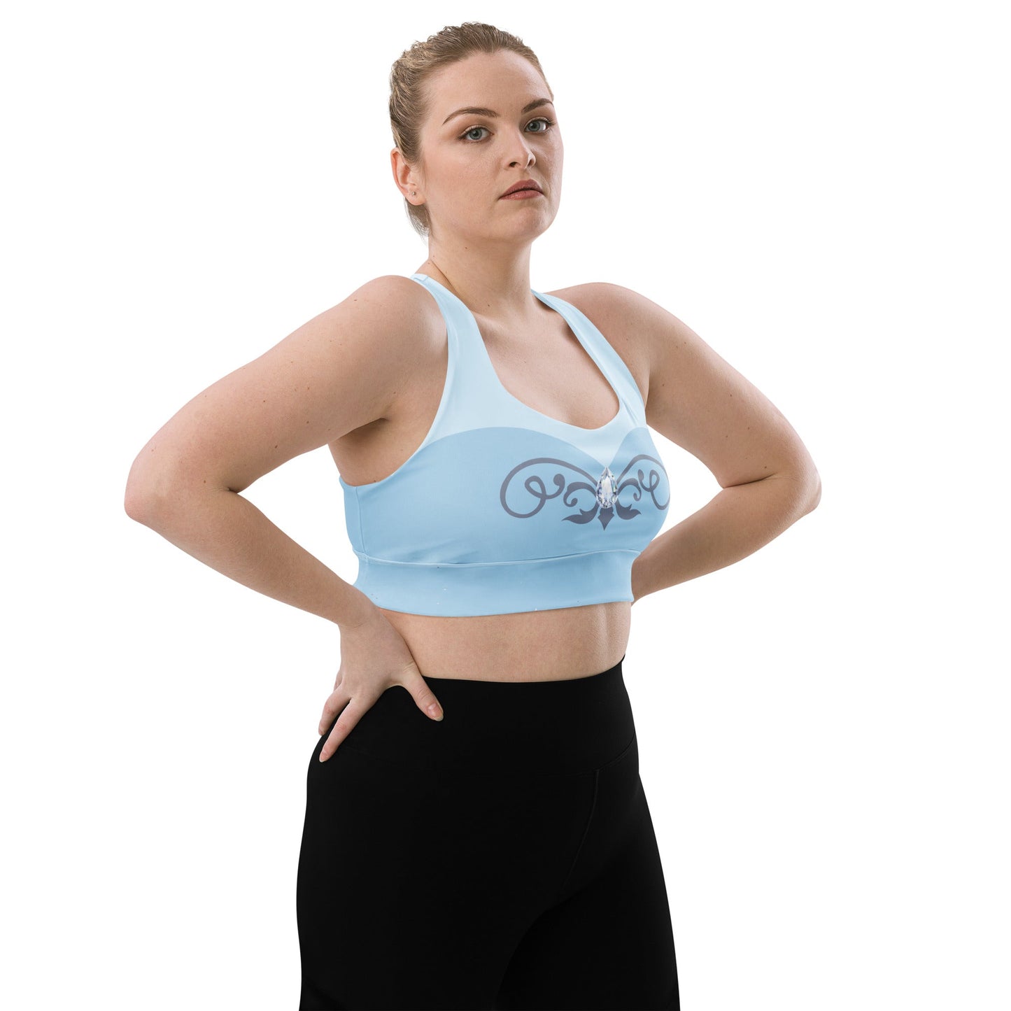 Glass Slipper Longline Sports Bra – Ice Blue Fairytale Athletic Crop Top adult disney princesscinderellaWrong Lever Clothing