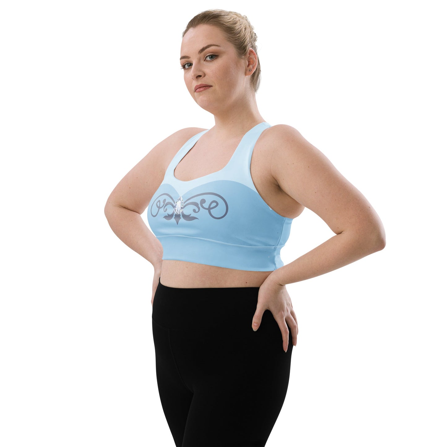 Glass Slipper Longline Sports Bra – Ice Blue Fairytale Athletic Crop Top adult disney princesscinderellaWrong Lever Clothing