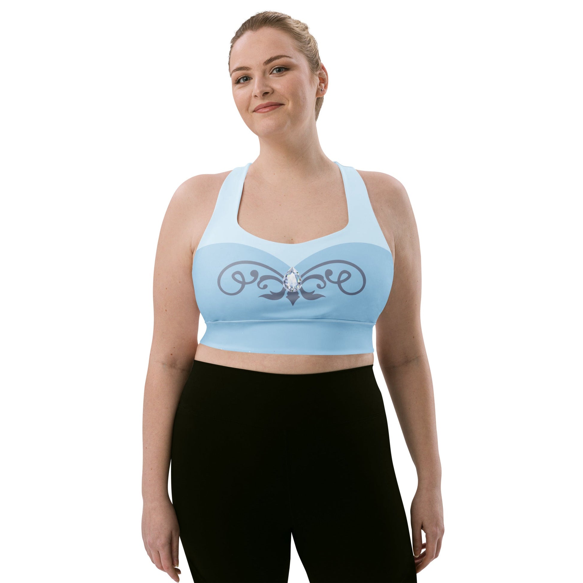 Glass Slipper Longline Sports Bra – Ice Blue Fairytale Athletic Crop Top adult disney princesscinderellaWrong Lever Clothing
