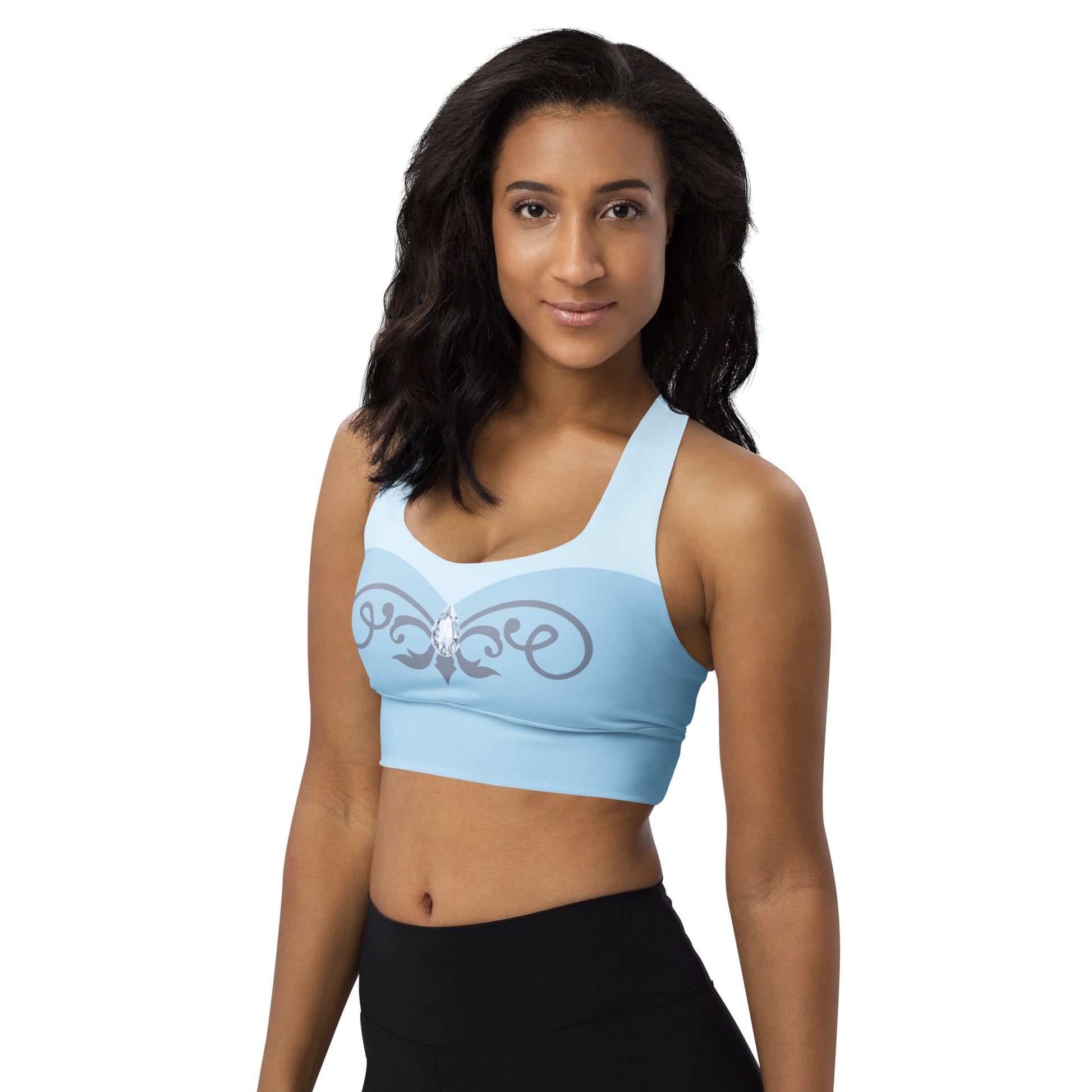 Glass Slipper Longline Sports Bra – Ice Blue Fairytale Athletic Crop Top adult disney princesscinderellaWrong Lever Clothing