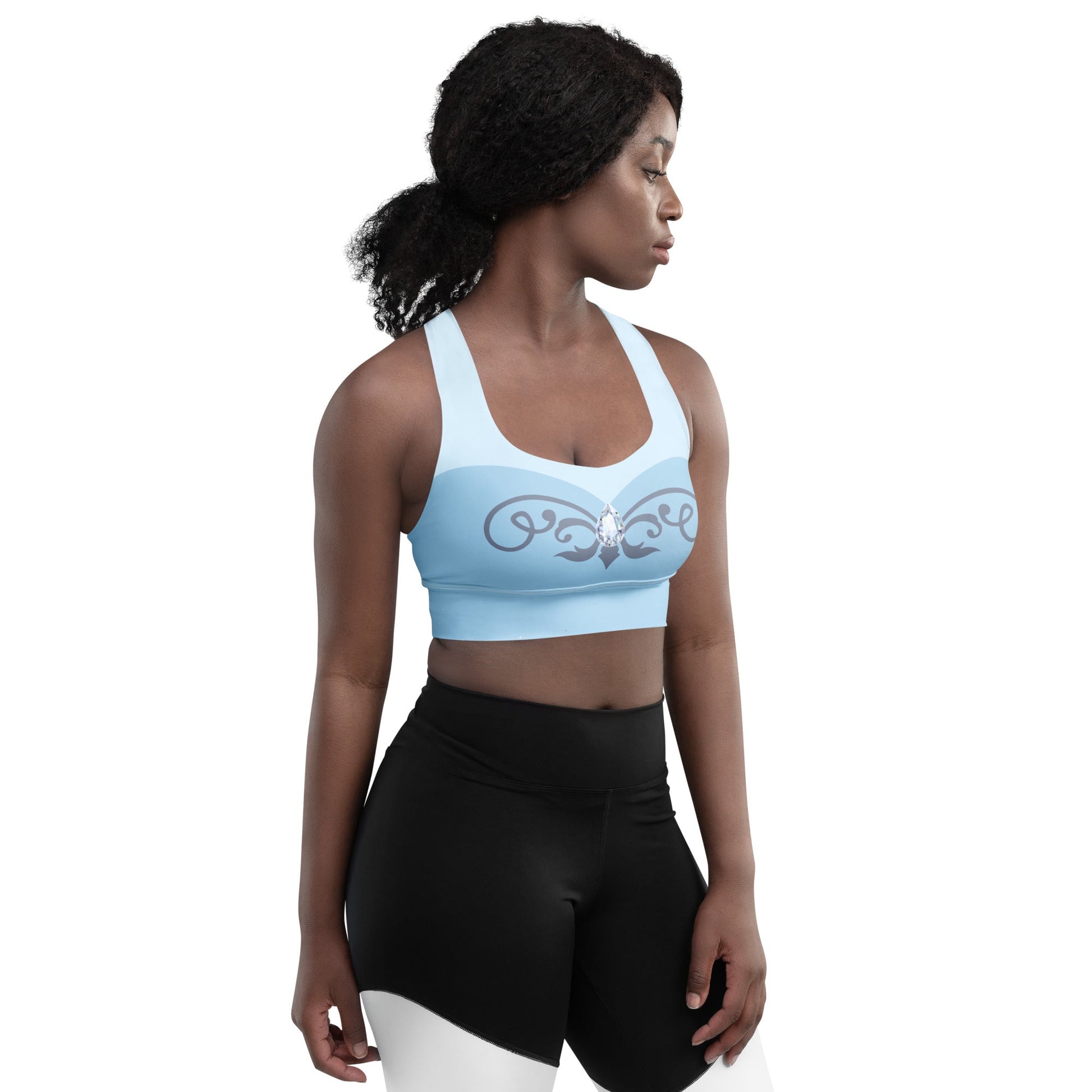 Glass Slipper Longline Sports Bra – Ice Blue Fairytale Athletic Crop Top adult disney princesscinderellaWrong Lever Clothing