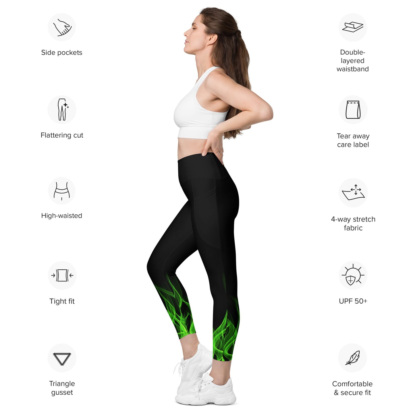 Green Flame Leggings with pockets boundingcosplayWrong Lever Clothing