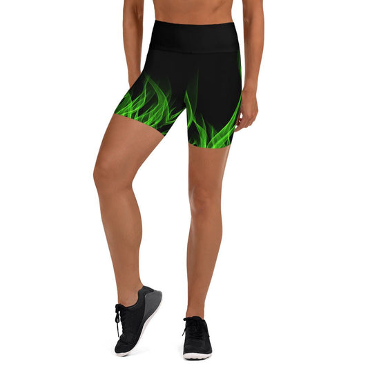 Green Flame Yoga Shorts boundingcosplayWrong Lever Clothing