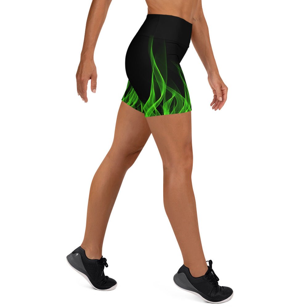 Green Flame Yoga Shorts boundingcosplayWrong Lever Clothing