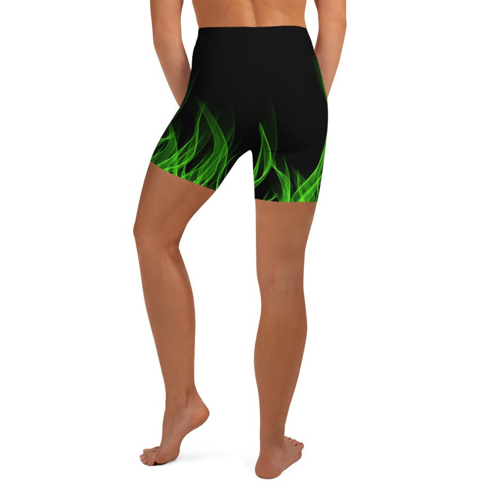 Green Flame Yoga Shorts boundingcosplayWrong Lever Clothing