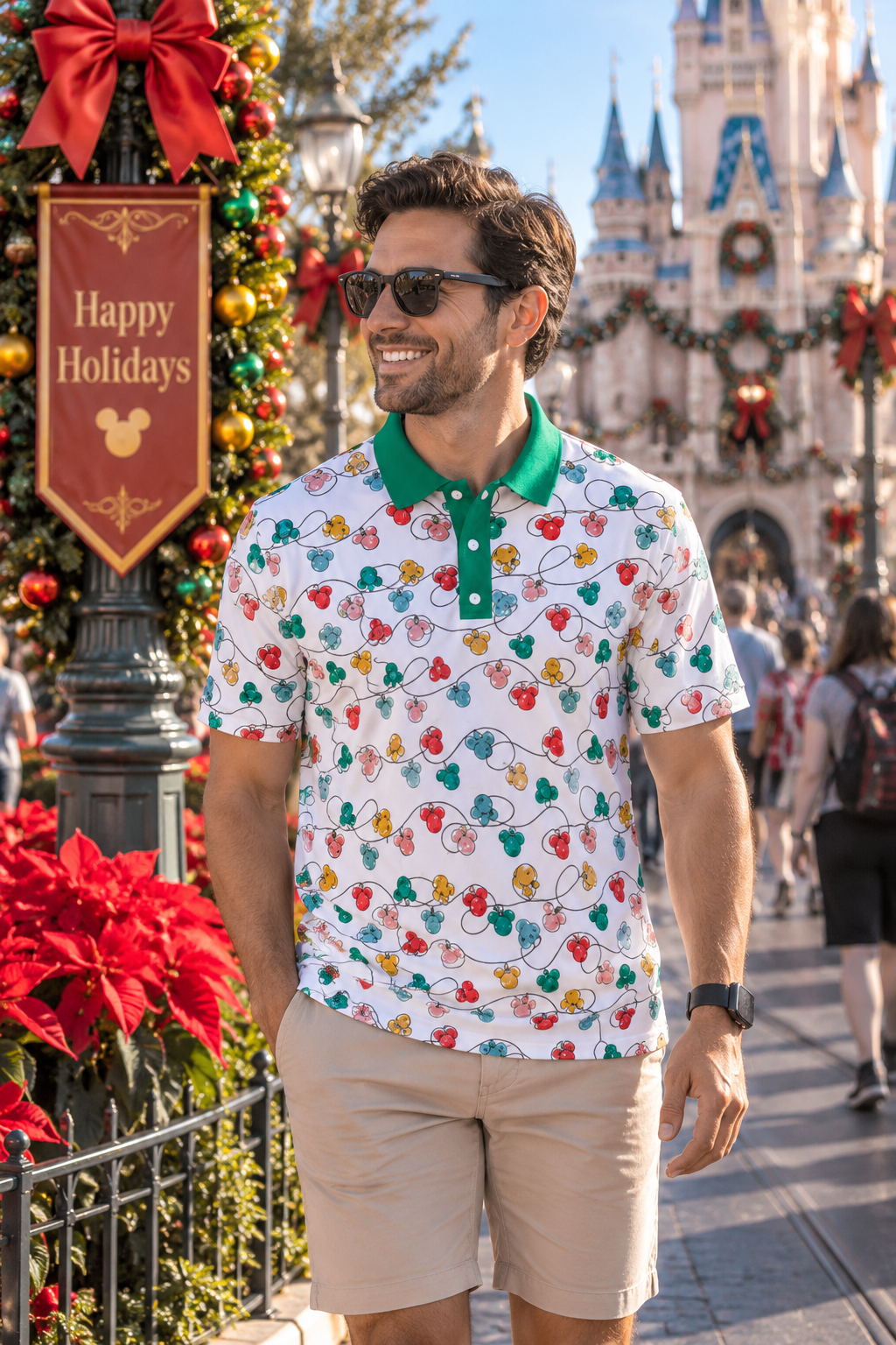 Men’s Christmas Lights Polo | Festive Holiday Park Shirt active disney familychristmas lightsWrong Lever Clothing