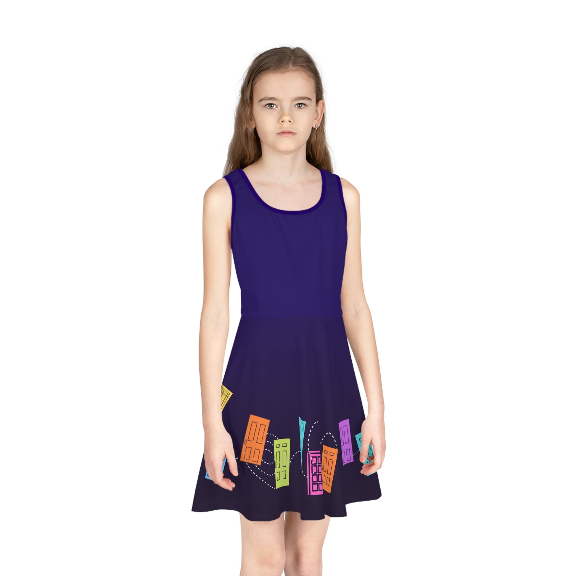 Monsters Door Skater Dress, Colorful Cartoon Doors Dress Girls' Sundress, Purple Swing Skirt disney adultdisney dressAll Over PrintsWrong Lever Clothing