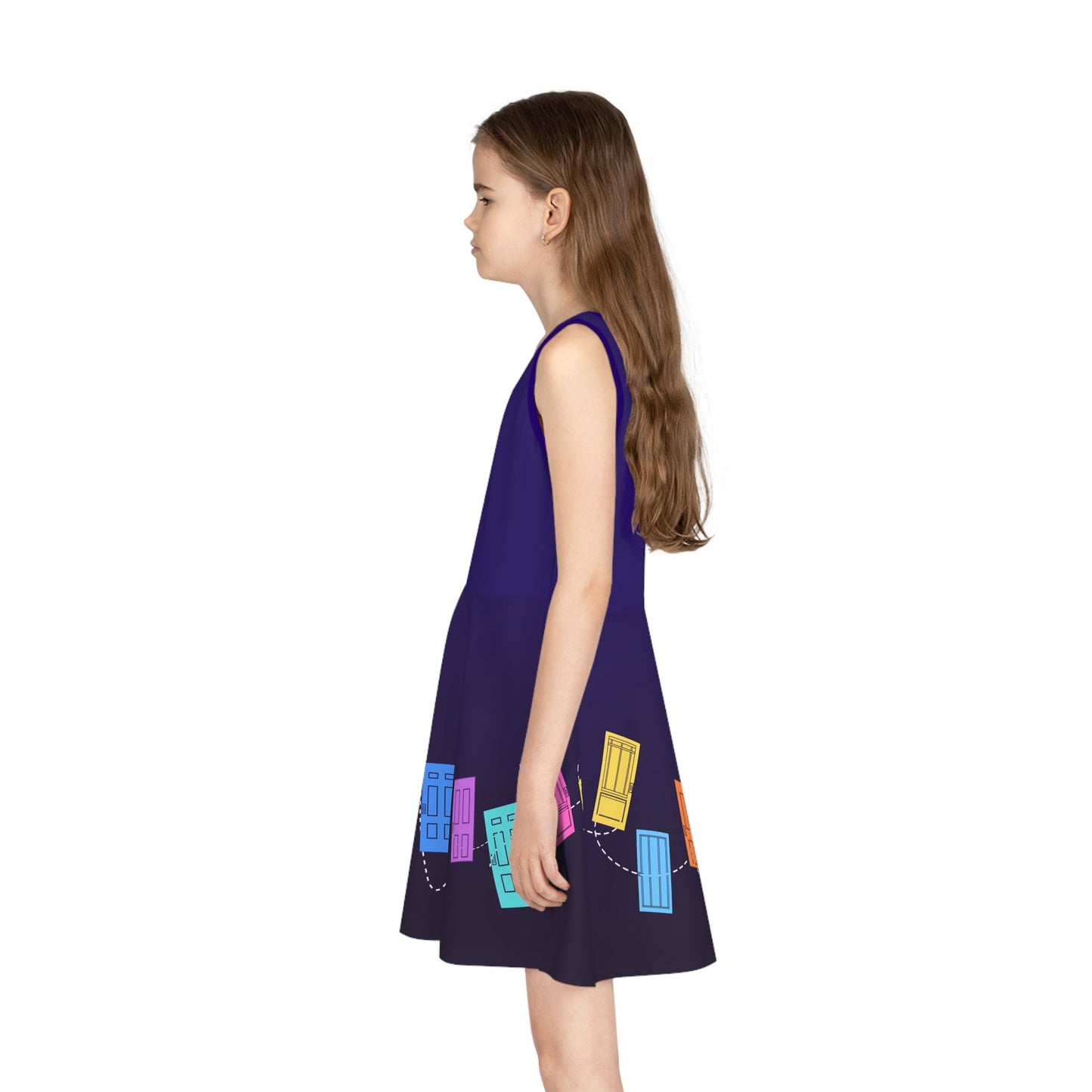 Monsters Door Skater Dress, Colorful Cartoon Doors Dress Girls' Sundress, Purple Swing Skirt disney adultdisney dressAll Over PrintsWrong Lever Clothing