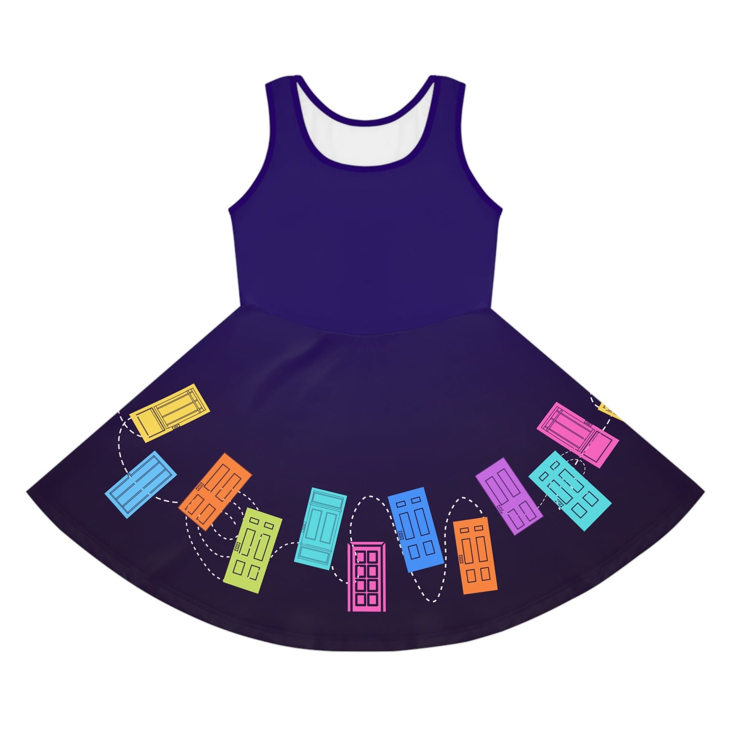 Monsters Door Skater Dress, Colorful Cartoon Doors Dress Girls' Sundress, Purple Swing Skirt disney adultdisney dressAll Over PrintsWrong Lever Clothing