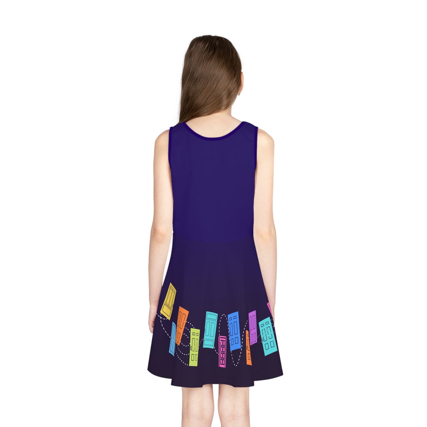 Monsters Door Skater Dress, Colorful Cartoon Doors Dress Girls' Sundress, Purple Swing Skirt disney adultdisney dressAll Over PrintsWrong Lever Clothing