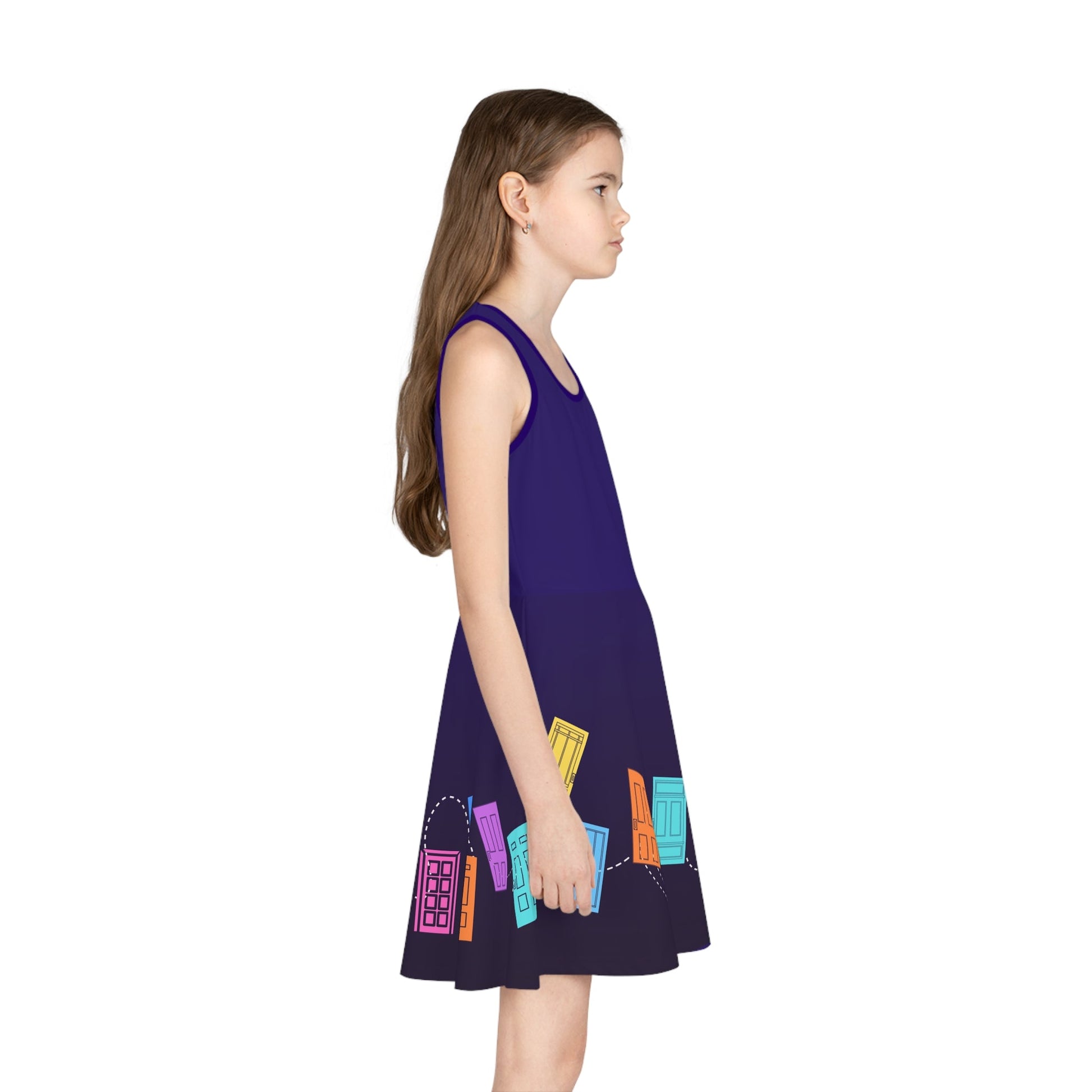 Monsters Door Skater Dress, Colorful Cartoon Doors Dress Girls' Sundress, Purple Swing Skirt disney adultdisney dressAll Over PrintsWrong Lever Clothing