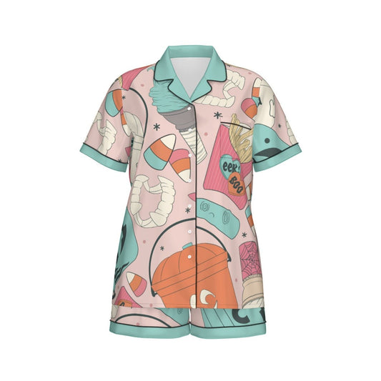 Retro Halloween Bucket Pajama Set | Pink & Teal Artificial Silk Short Sleeve PJs | Vintage Spooky Se halloween costumehalloween outfitWrong Lever Clothing