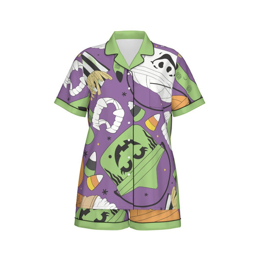 Retro Halloween Bucket Pajama Set | Purple Artificial Silk Short Sleeve PJs | Spooky Season disney halloween costumehalloweenWrong Lever Clothing
