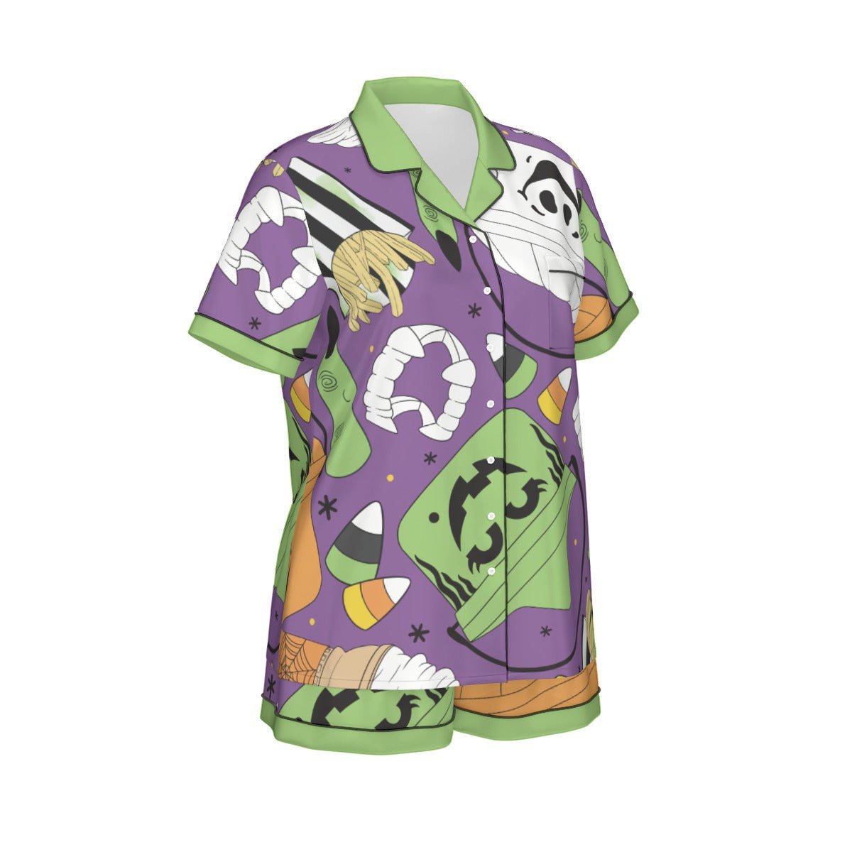 Retro Halloween Bucket Pajama Set | Purple Artificial Silk Short Sleeve PJs | Spooky Season disney halloween costumehalloweenWrong Lever Clothing