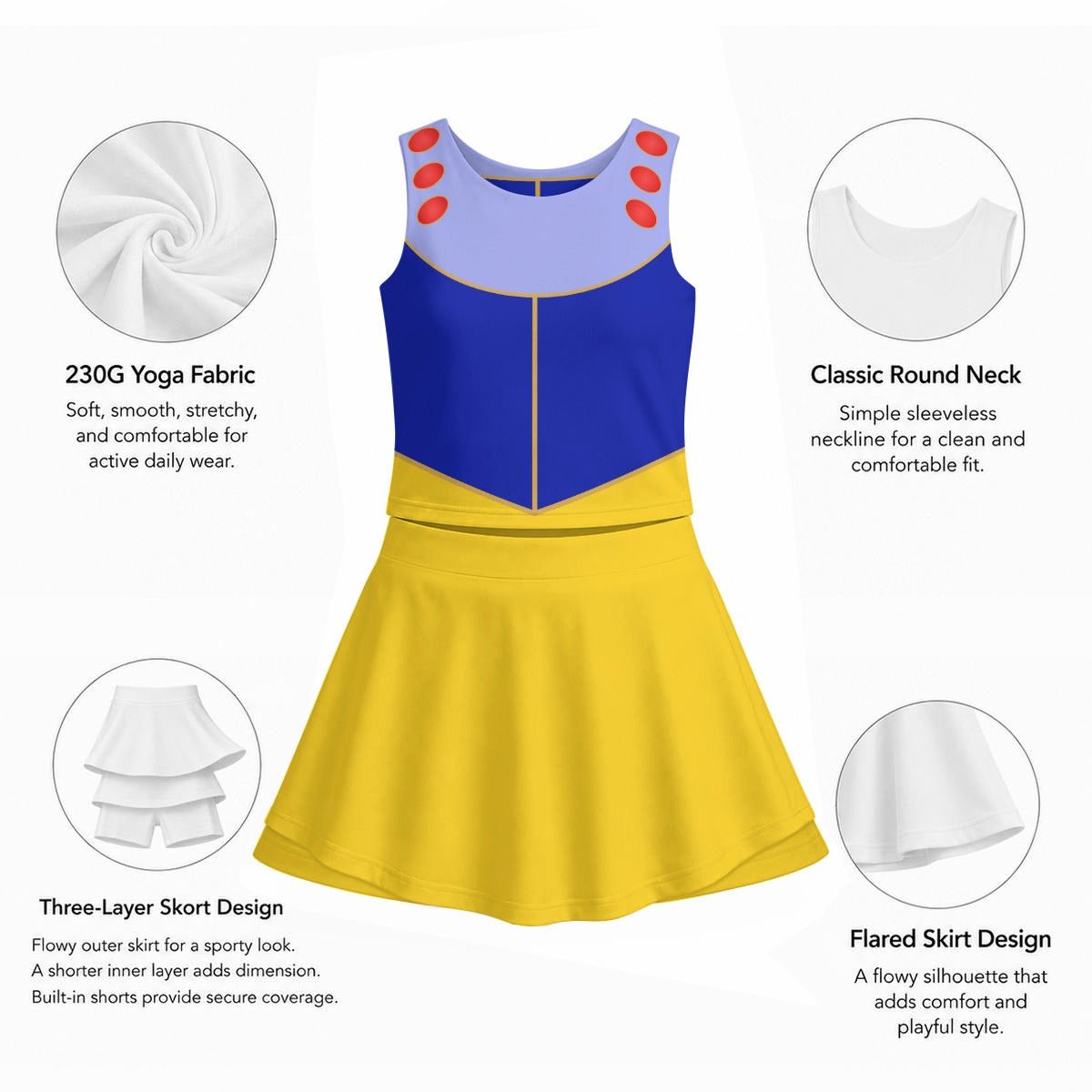 Snow White Inspired Running Outfit | Princess Race Costume | Blue Yellow Running Skirt & Tank Set active wearactivewearWrong Lever Clothing