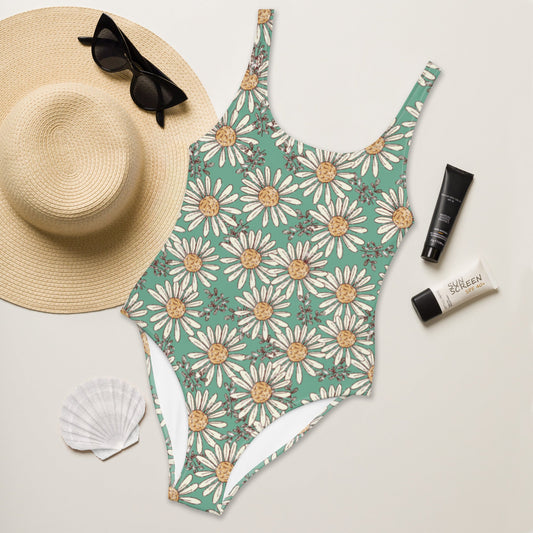 Teal Daisies One-Piece Swimsuit happiness is addictiveWrong Lever Clothing