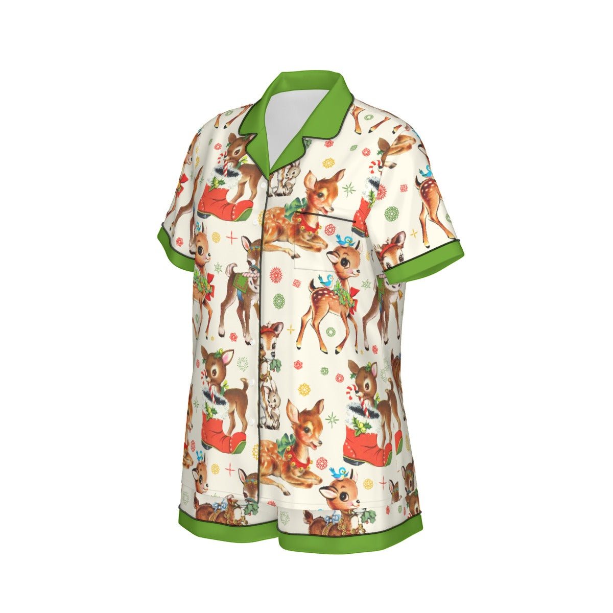 Vintage Reindeer Christmas Women's Imitation Silk Pajama Set With Short Sleeve Wrong Lever Clothing