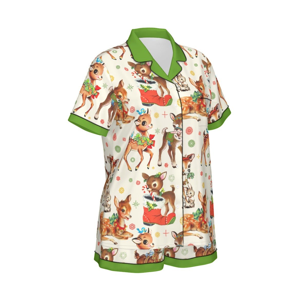Vintage Reindeer Christmas Women's Imitation Silk Pajama Set With Short Sleeve Wrong Lever Clothing